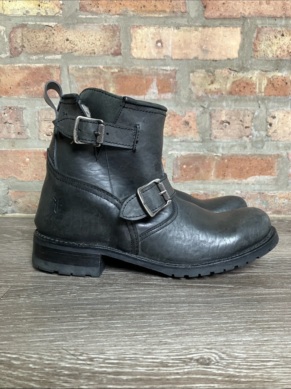 Frye women black rubber shearling engineer moto short boots